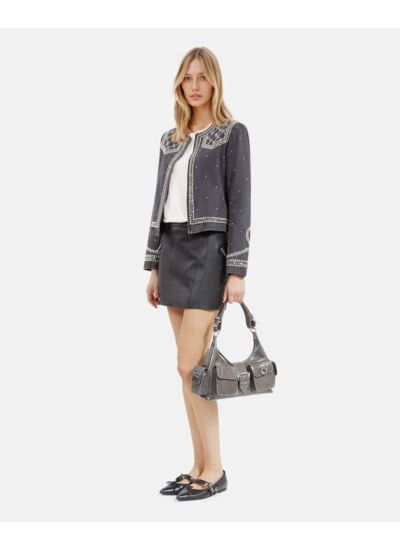 Veste En Denim Avec Studs Et Perles Grise Femme