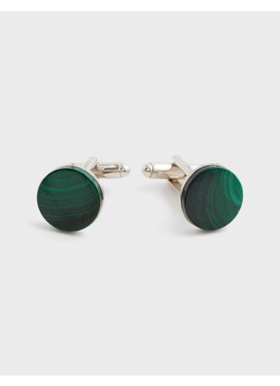 Boutons de manchette en métal argenté avec insert en malachite vert