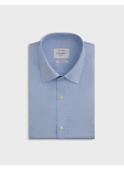 Chemise col figaret en twill de coton à carreaux bleu