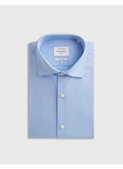 Chemise col italien avec poignets mousquetaires en popeline à carreaux bleu