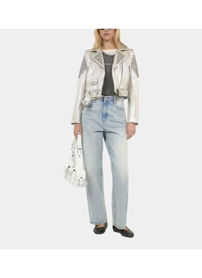 Blouson Clouté En Cuir Argenté Femme