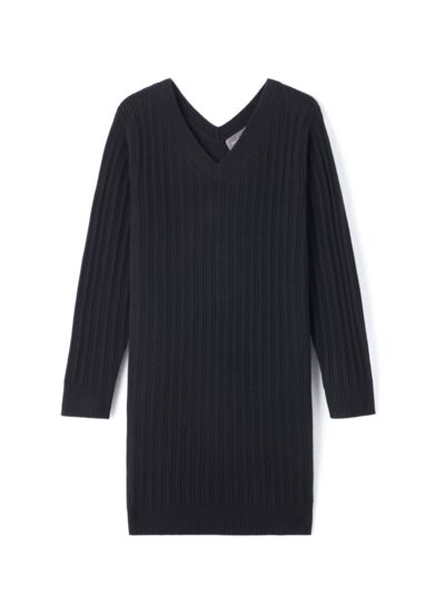 Robe midi ample à côtes encolure V devant et dos - Femme - NOIR
