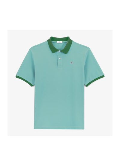 Polo piqué manches courtes en coton bleu glacier col vert sapin