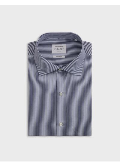 Chemise col italien en popeline rayée marine