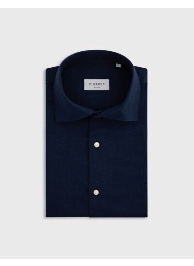 Chemise aristote col italien en flanelle de coton et laine unie marine