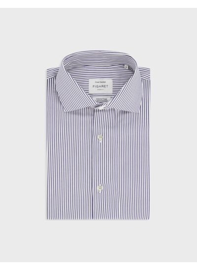 Chemise voyage col italien en popeline rayée marine