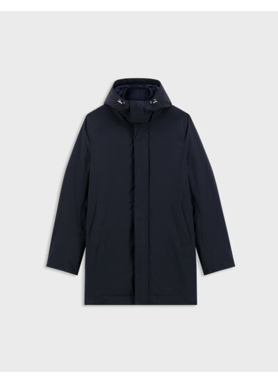 Parka iliame en tissu technique avec parmenture en toile de laine unie marine