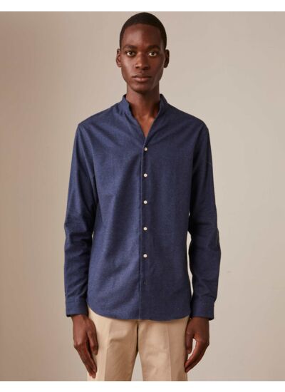 Chemise carl col droit ouvert en flanelle de coton et cachemire bleu