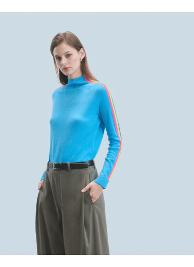 Pull Col Montant Bandes Manches Multicolores Léger
