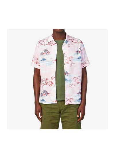 Chemise manches courtes rose avec imprimé palmiers