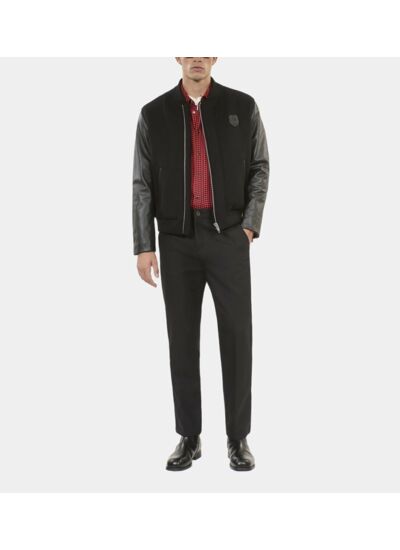 Blouson En Laine Double Face Et Cuir Noir Homme