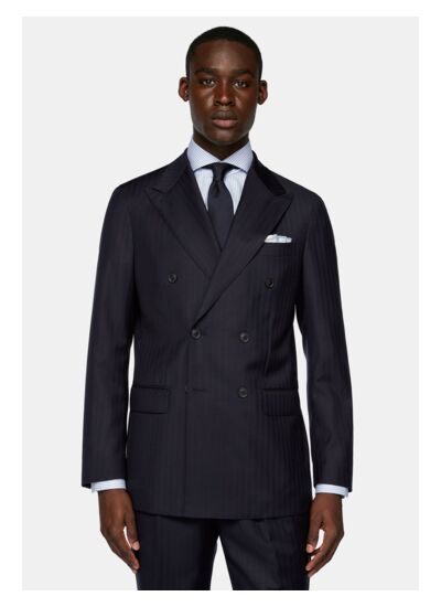 Costume Croisé Bleu Marine À Chevrons En Pure Laine