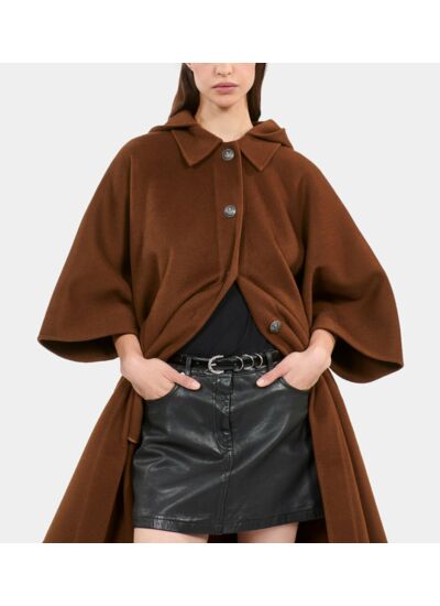 Cape Longue À Capuche En Laine Mélangée Marron Femme