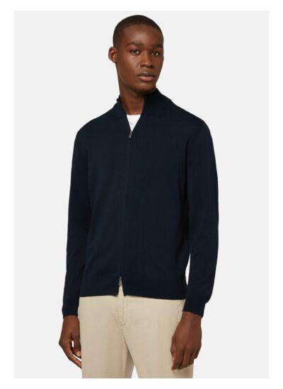 Pull Full Zip Bleu Marine En Coton Pima