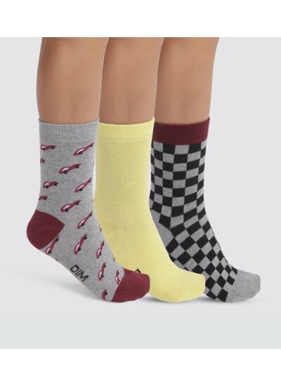 Lot de 3 paires de chaussettes enfant damier Gris Jaune Coton Style