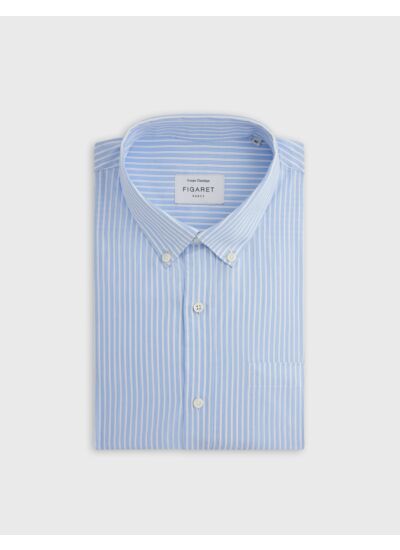 Chemise col américain avec poche poitrine en twill de coton rayé bleu