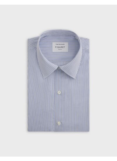 Chemise col figaret avec poignets mousquetaires en popeline rayée bleu
