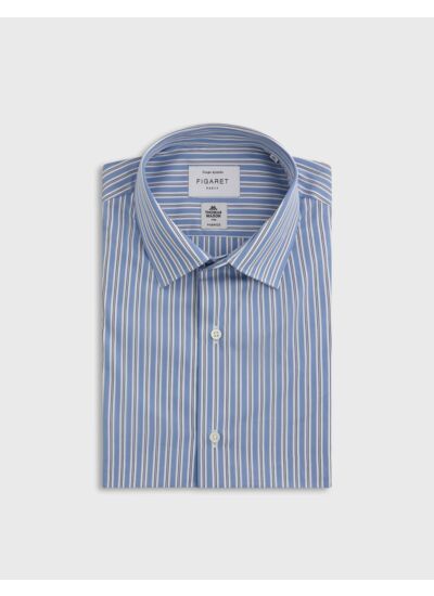 Chemise col figaret avec poignets mousquetaires en popeline rayée bleu