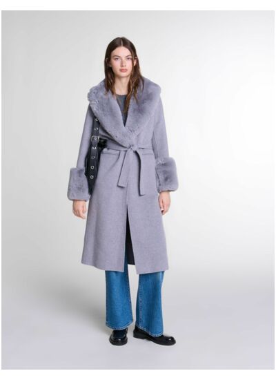 Manteau long col fausse fourrure