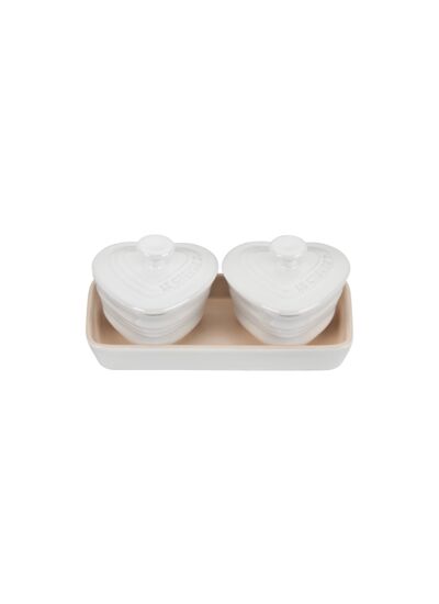 Ensemble de 2 mini ramequins en forme de cœur et plateau rectangulaire en grès
