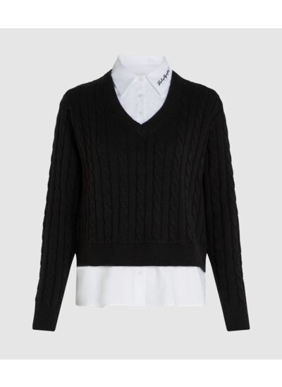 CABLE KNIT POPLIN MIX SWEATER