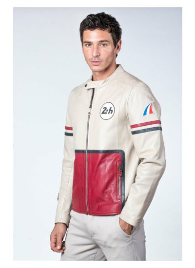 Blouson cuir 24H le mans Karl écru.rouge