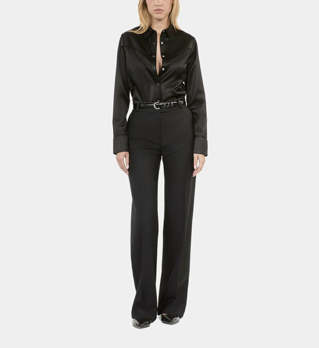 Chemise Satinée Style Western Noire Femme