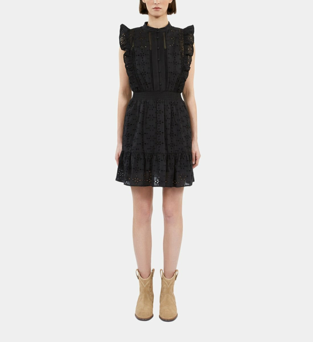 Robe Courte Noire En Broderie Anglaise Femme