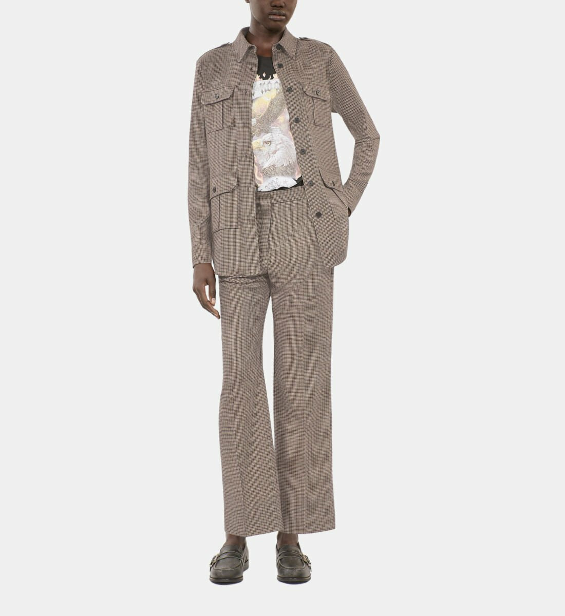 Pantalon Tailleur Droit Pied De Poule Beige Femme