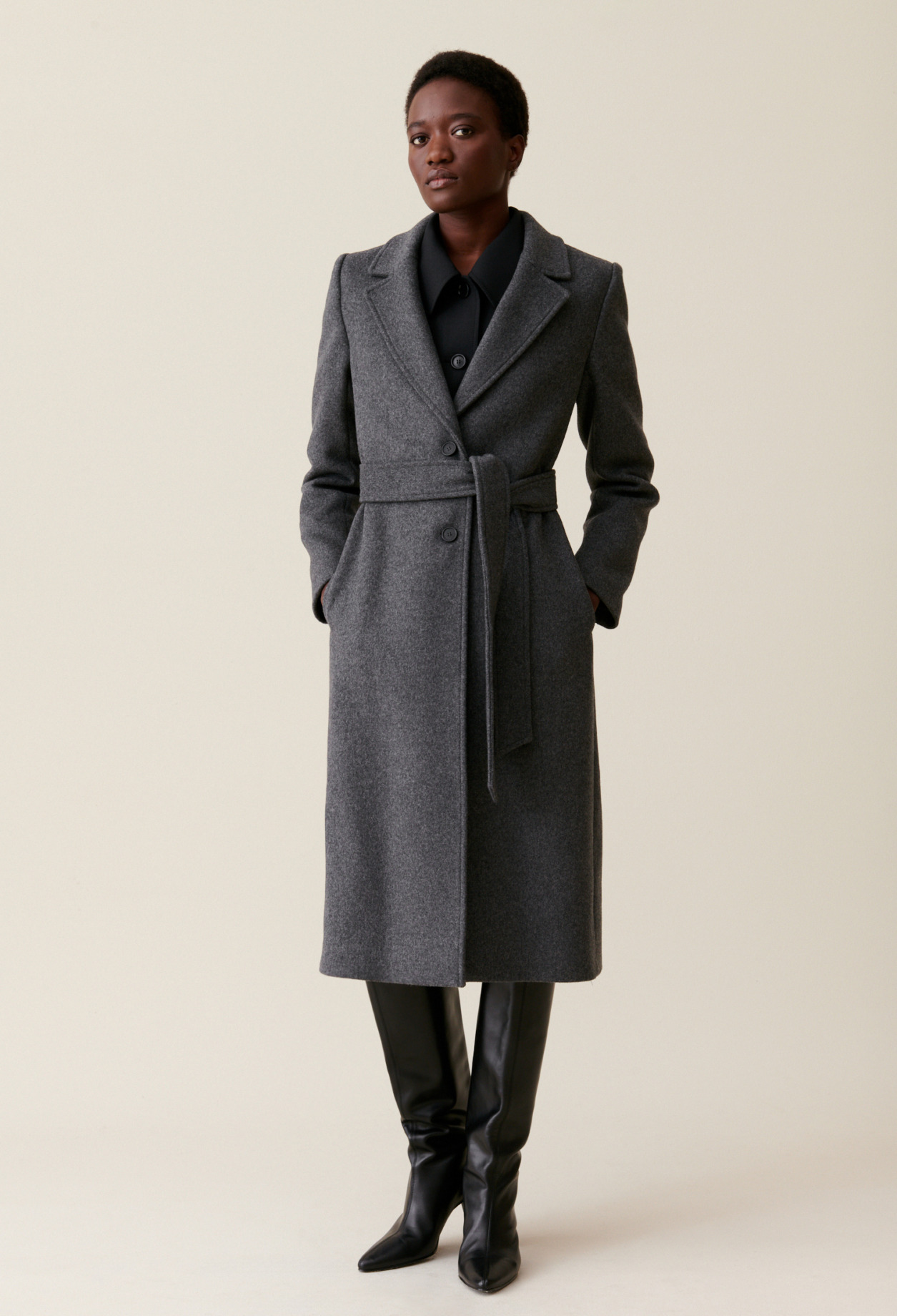 Manteau long ceinture gris
