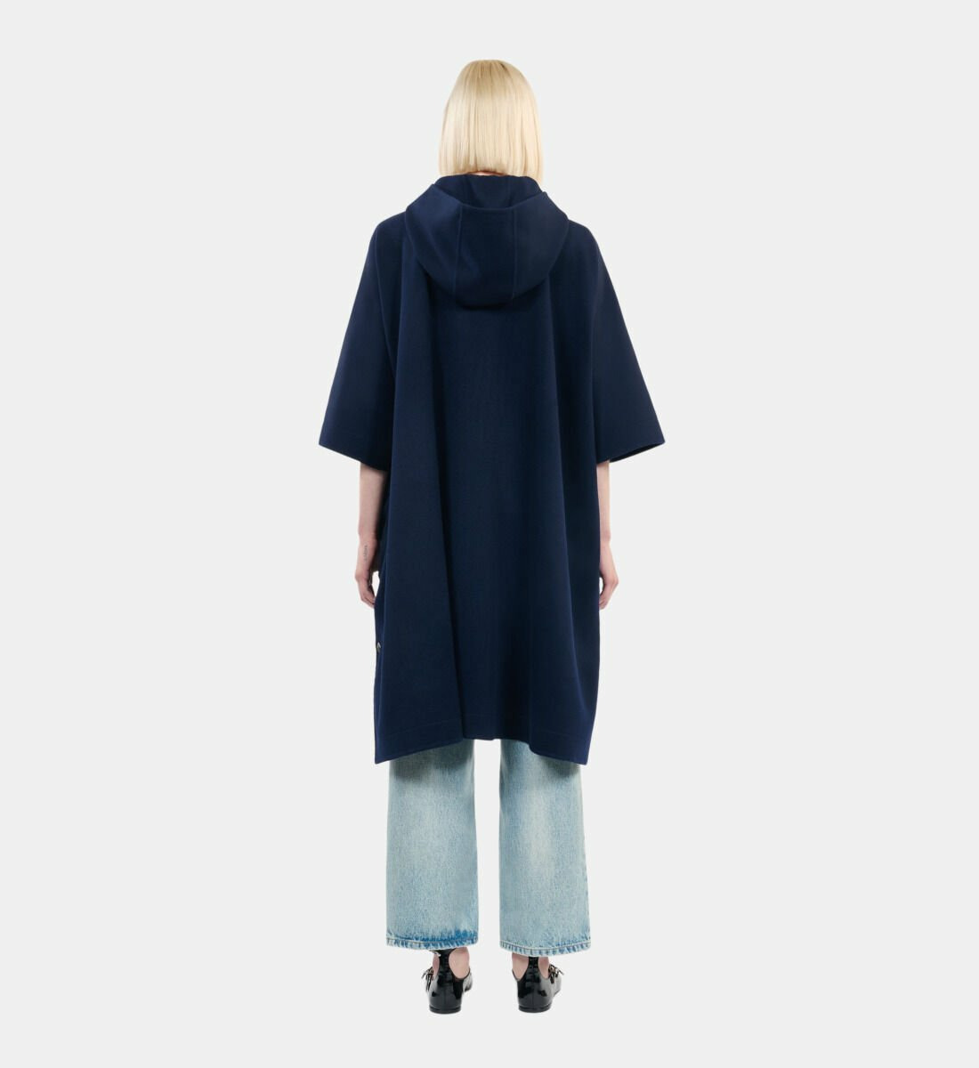 Cape Longue À Capuche En Laine Mélangée Bleu Marine Femme