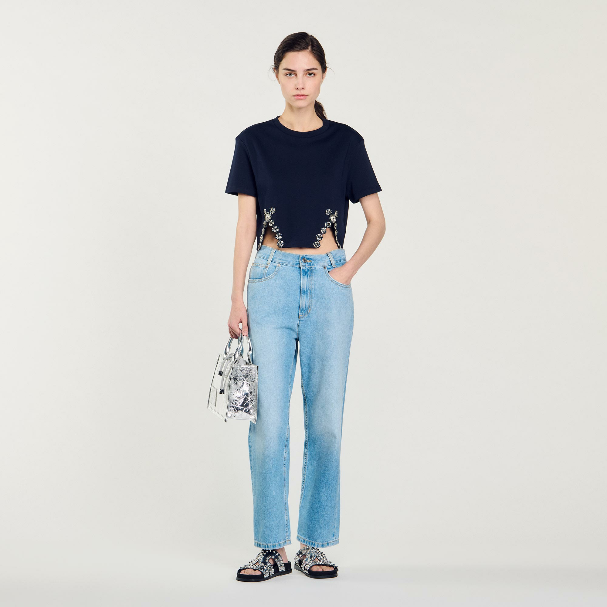 T-shirt court orné de strass