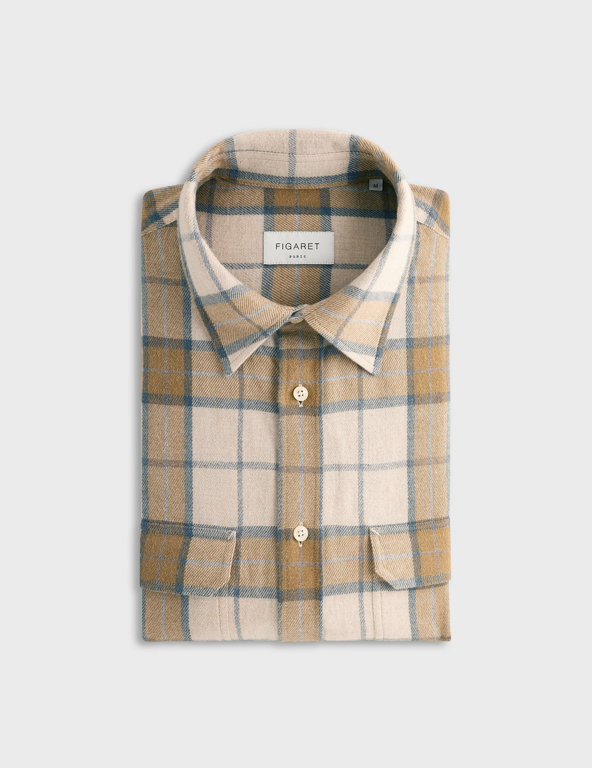 Chemise florian col français avec deux poches en flanelle de coton à carreaux beige