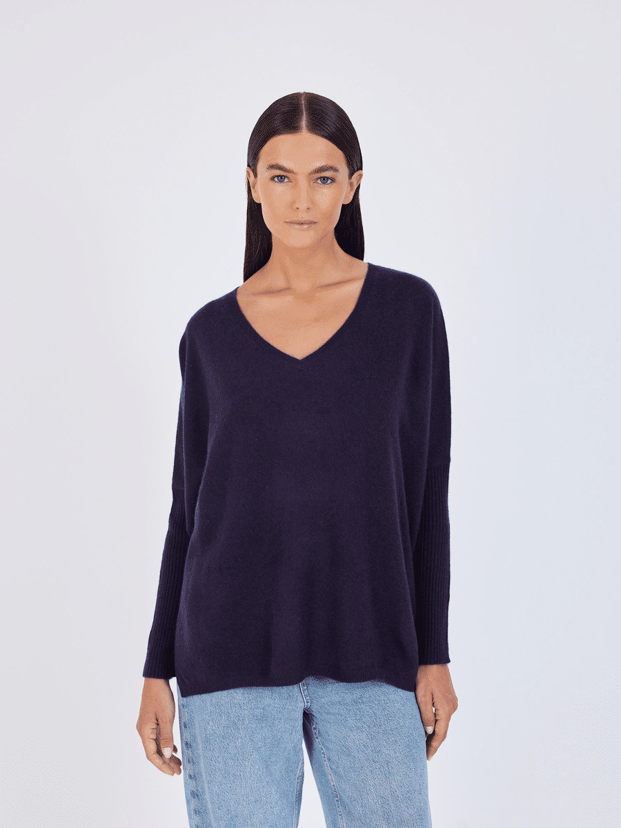 Pull poncho cachemire col V Faustine FIGUE