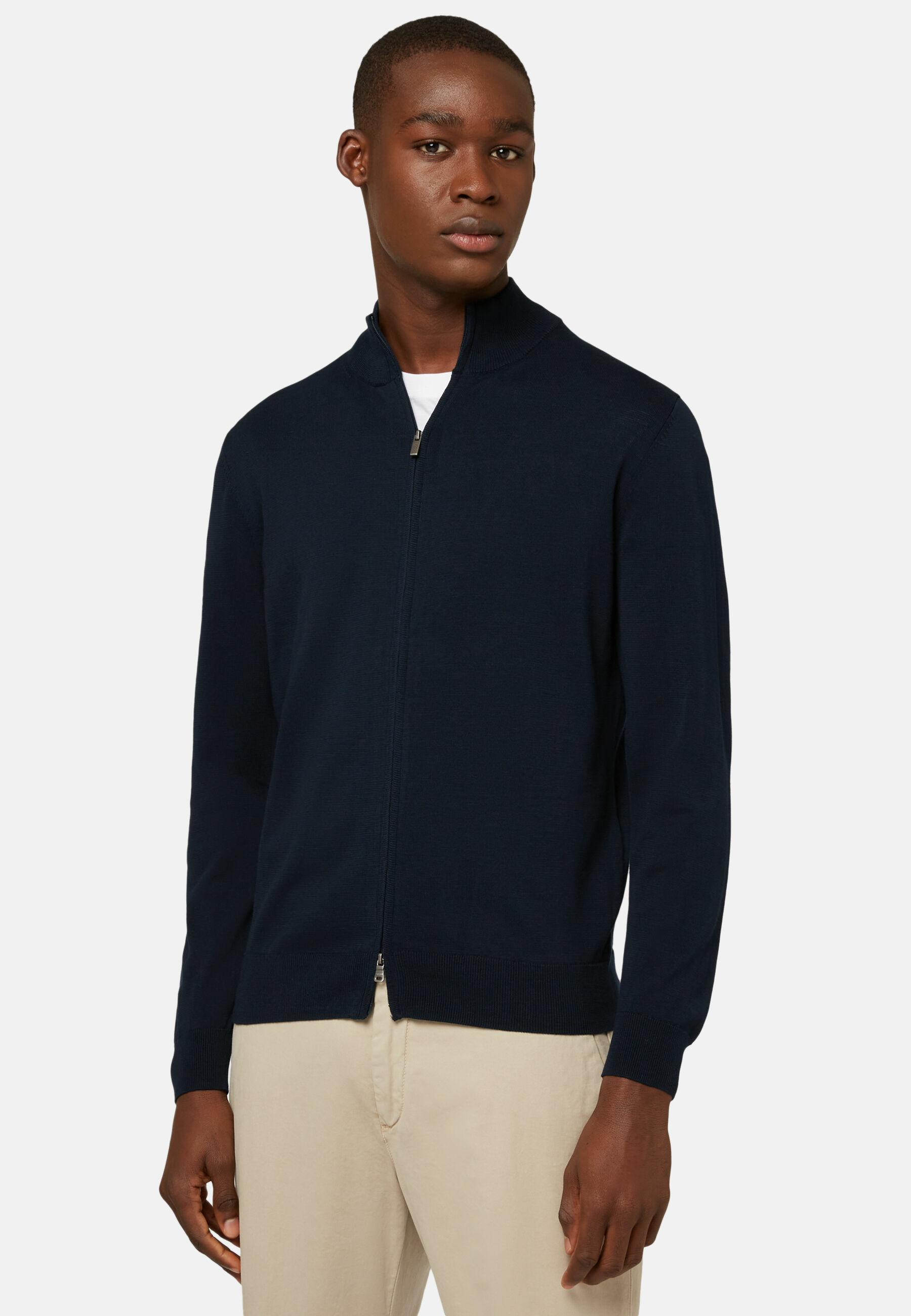 Pull Full Zip Bleu Marine En Coton Pima