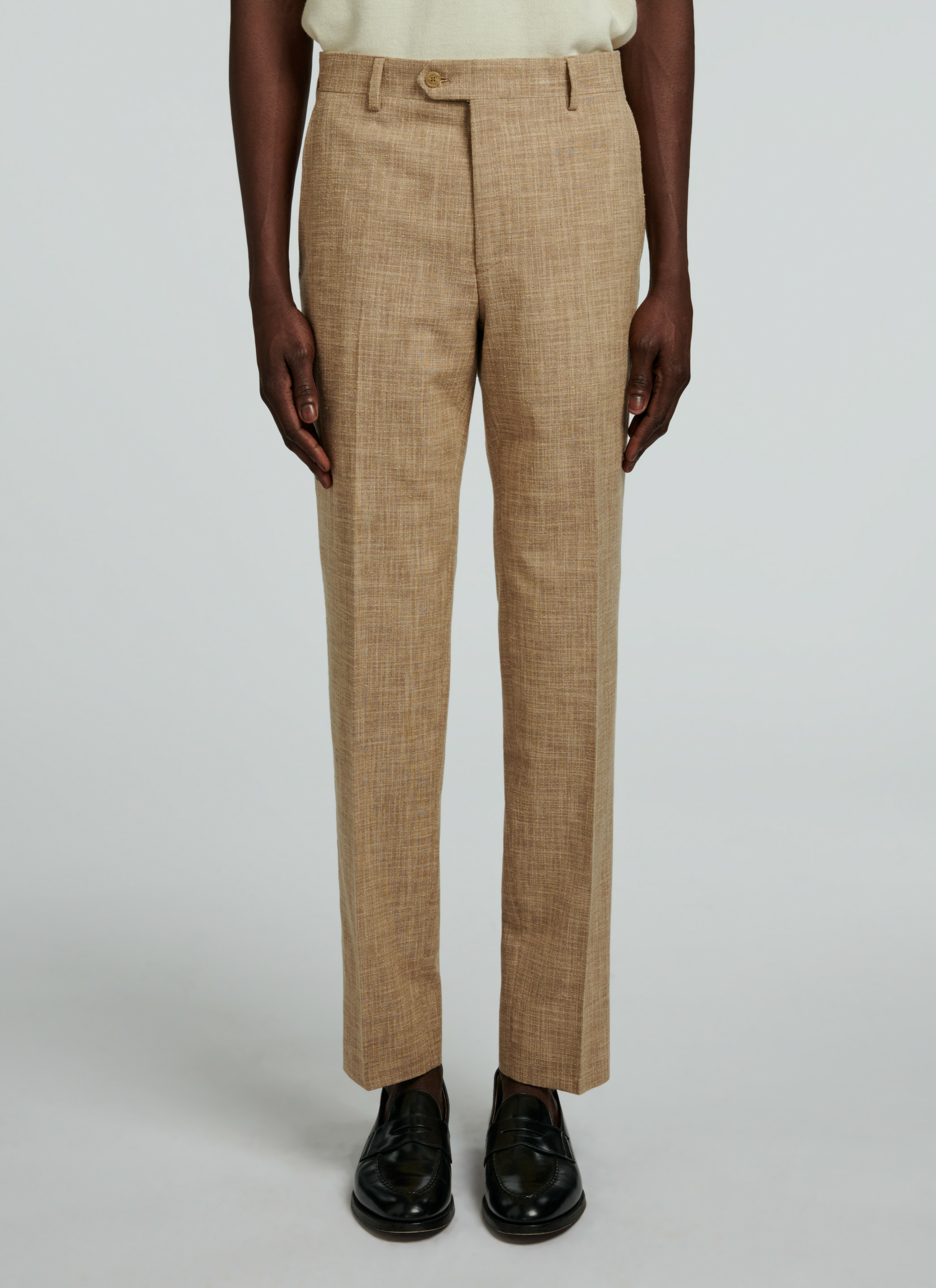 Pantalon en laine, soie et coton sablé beige