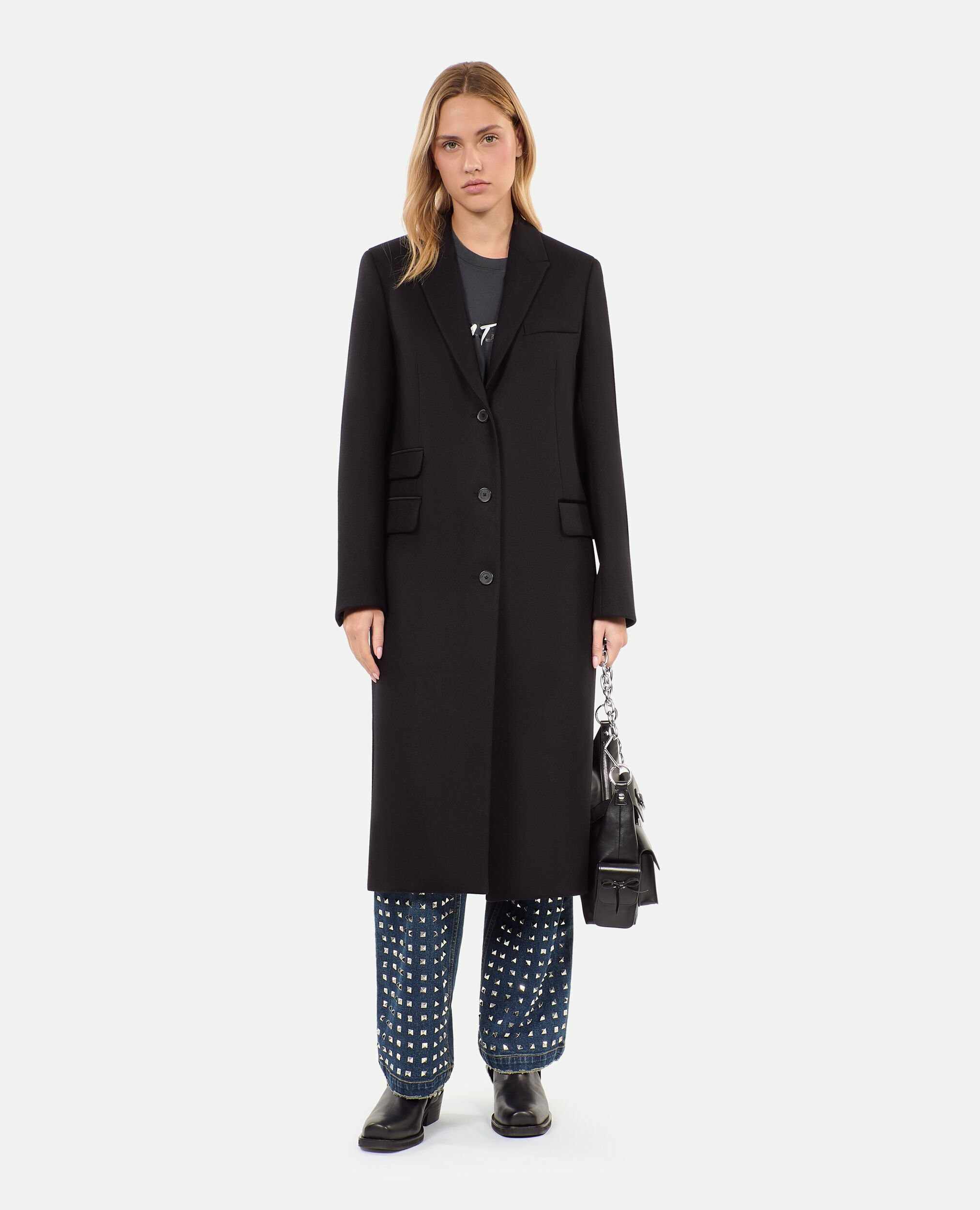 Manteau Long En Laine Mélangée Noire Femme