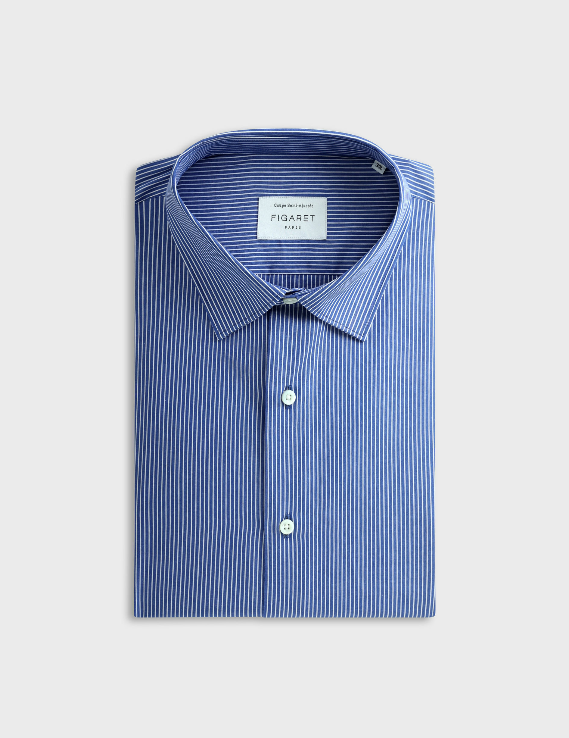 Chemise col figaret en popeline rayée bleu