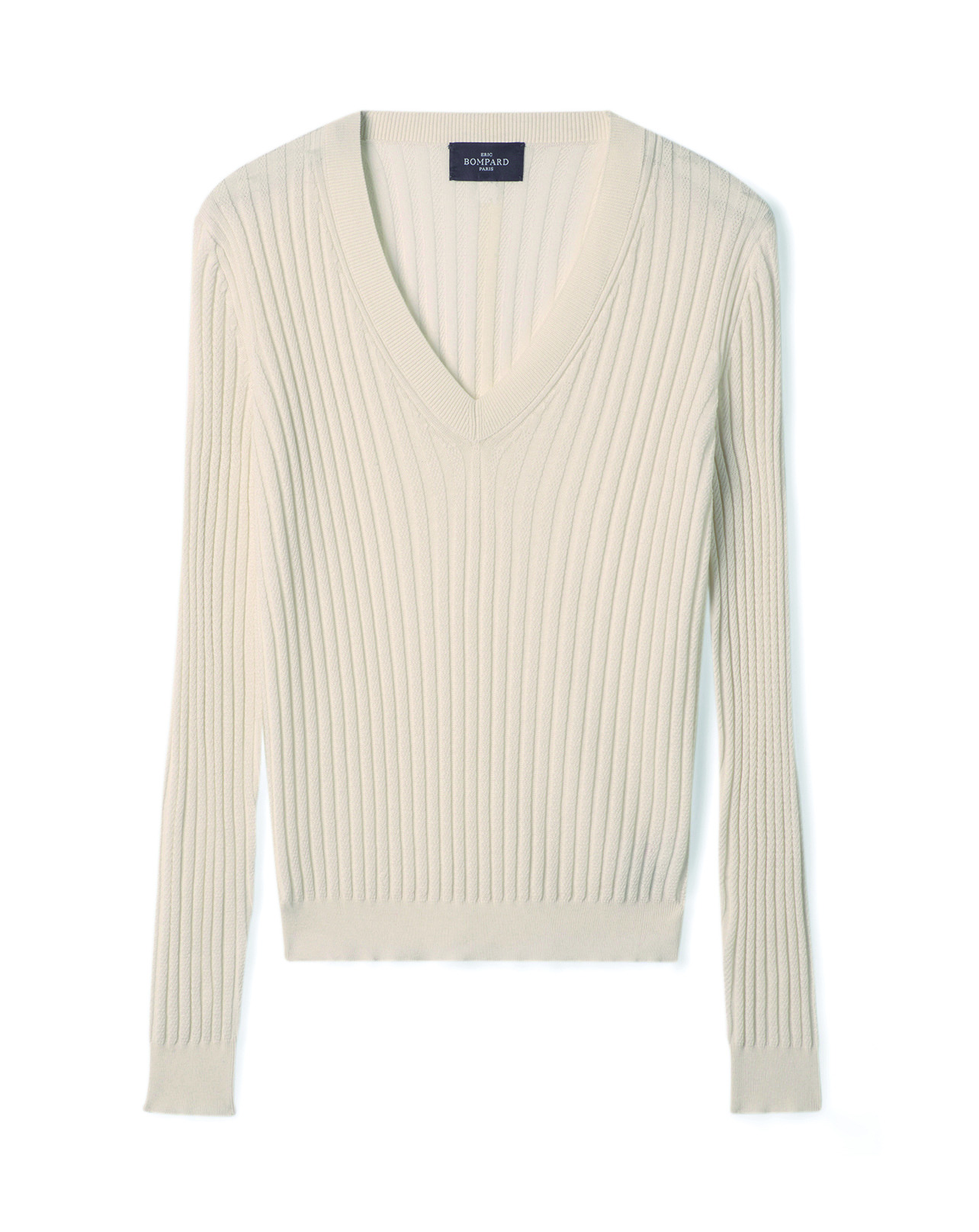 Pull V ultrafin en soie et coton - Femme - NATUREL