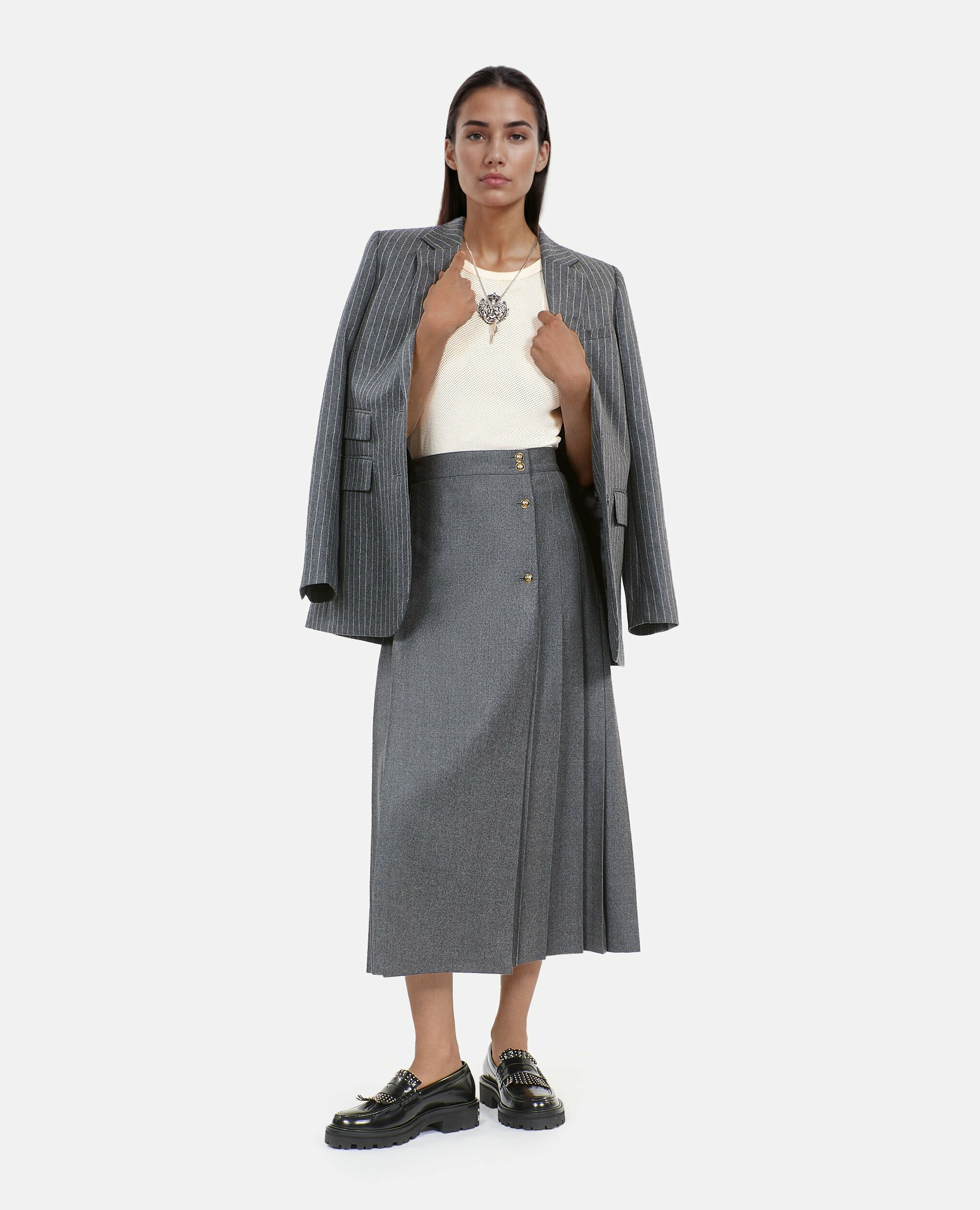 Jupe Longue Plissée En Laine Grise Femme