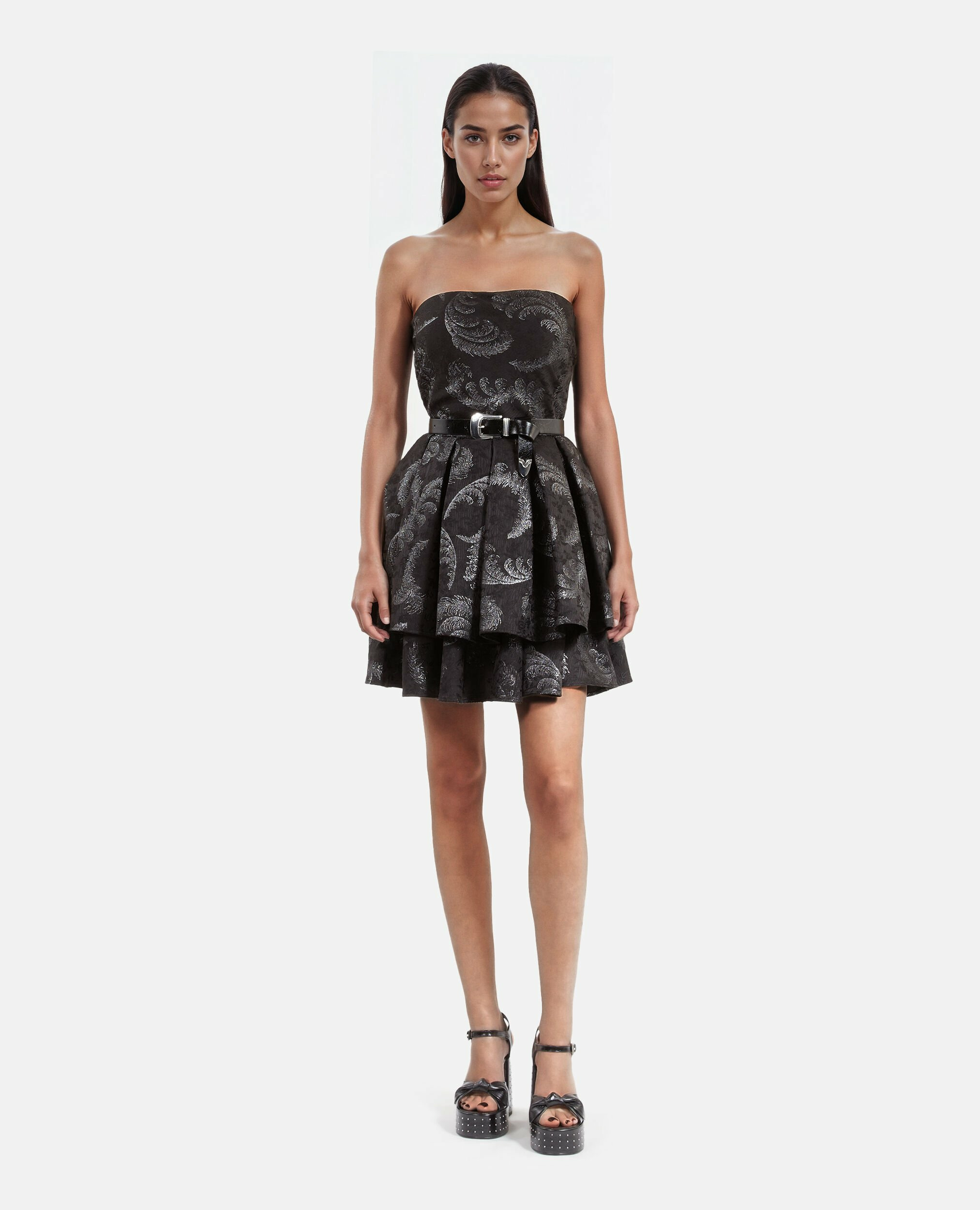 Robe Courte Bustier En Jacquard Noire Femme