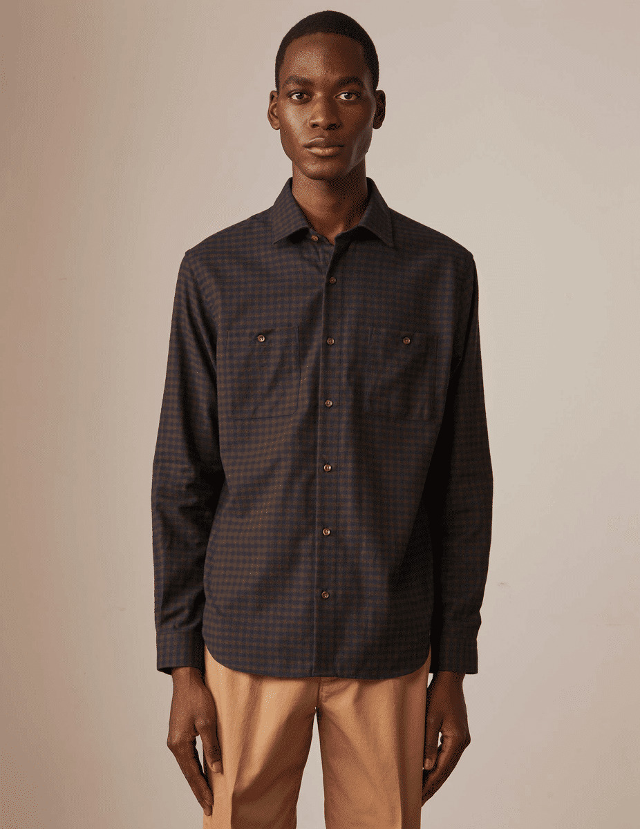 Chemise léonard à carreaux marrons et marine