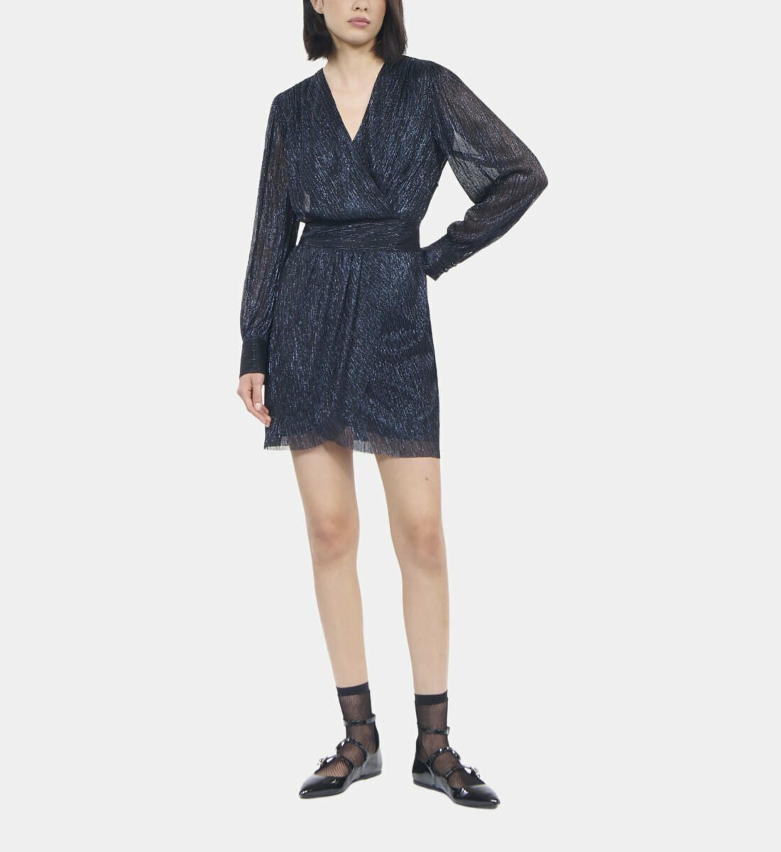 Robe Courte En Jersey Métallisé Bleu Marine Femme