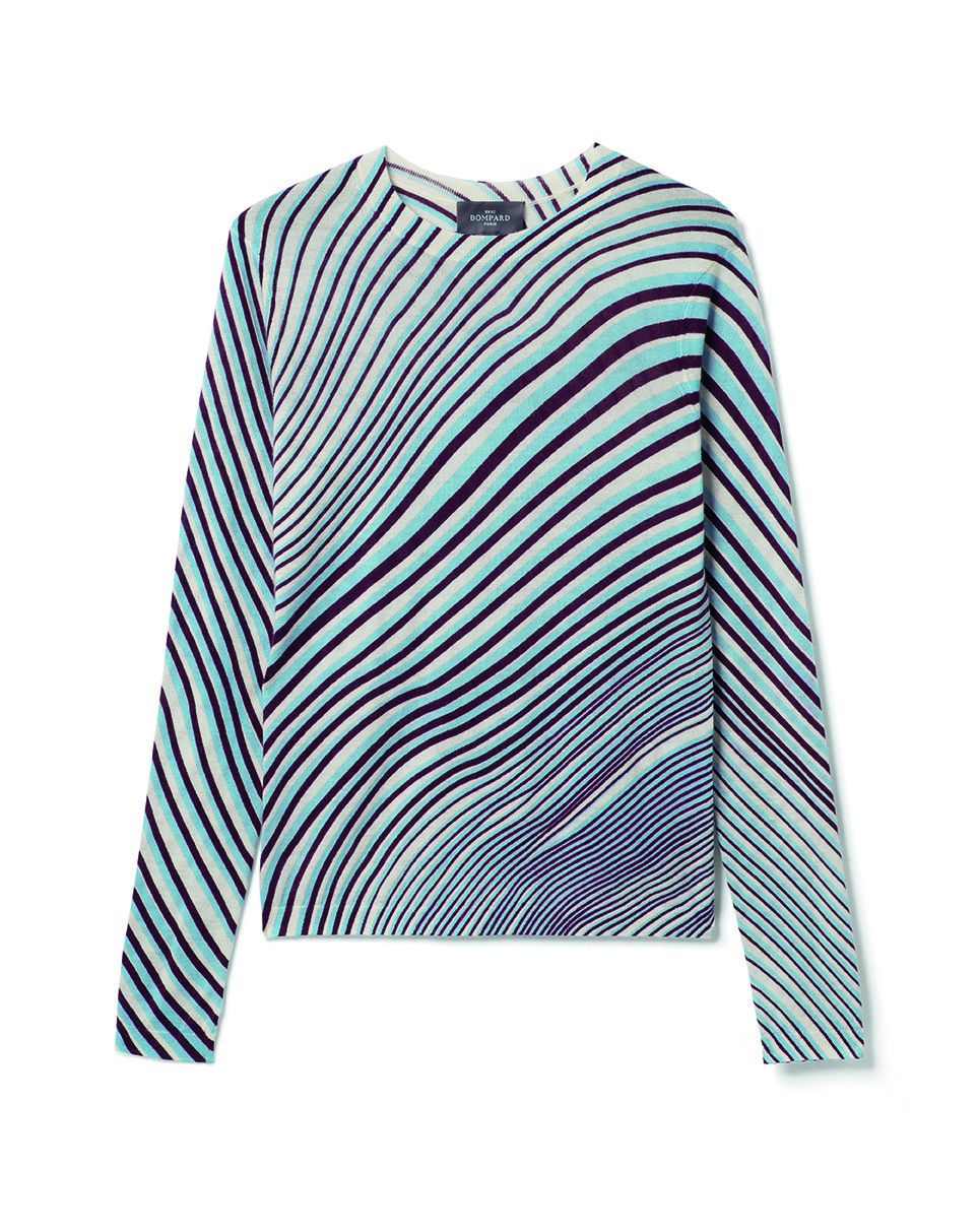Pull col rond ultrafin imprimé - Femme - BLEU RIF