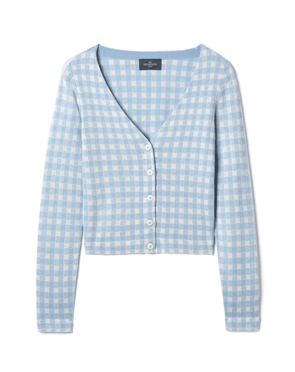 Gilet court jacquard vichy - Femme - BLEU ZELLIGE/NATUREL