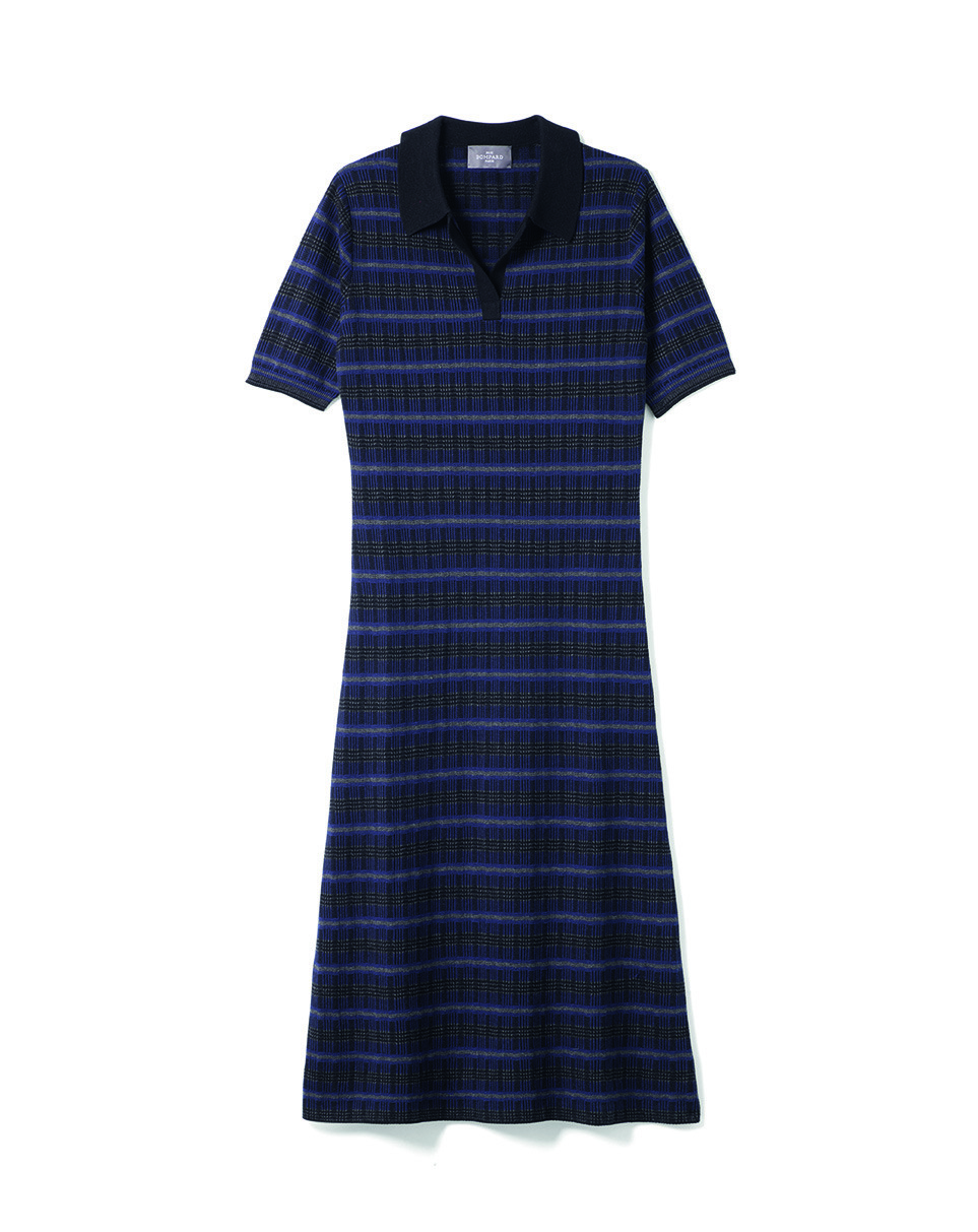 Robe col polo à rayures texturées - Femme - MARINE/NOIR/KHOL