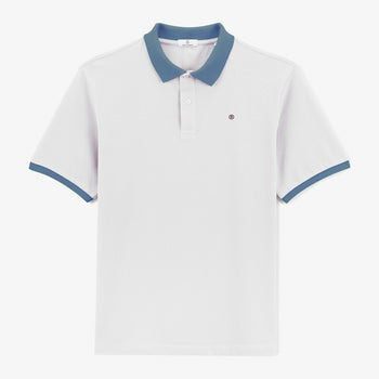 Polo piqué manches courtes en coton blanc lys col bleu