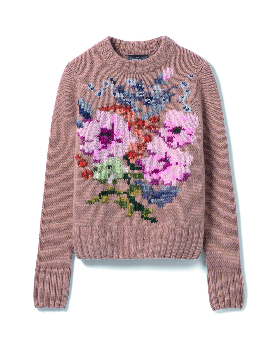 Pull col rond brodé - Femme - CARAMEL
