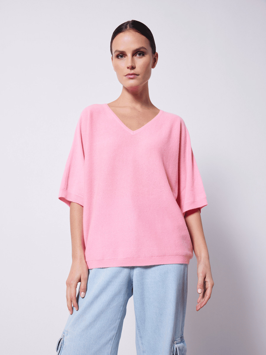 Pull cachemire col V manches ¾ Isana FLAMINGO
