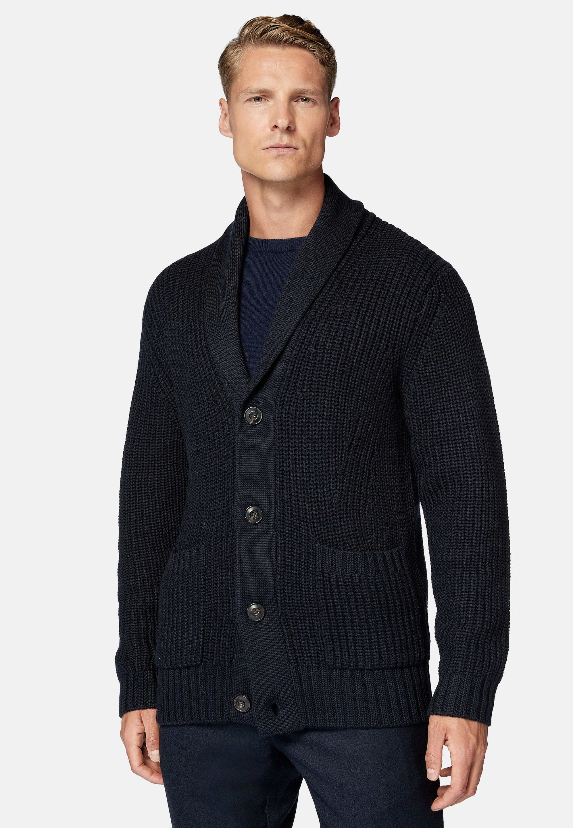 Cardigan Col Châle Bleu Marine En Laine Mérinos
